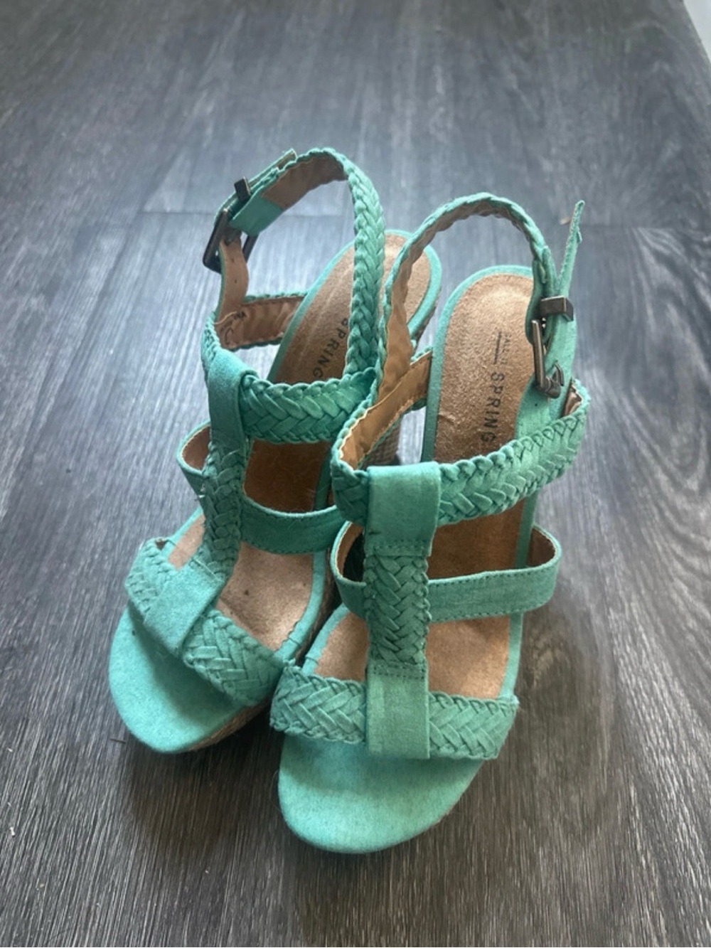 Call It Spring Braided Strappy Wedge Sandals in Teal